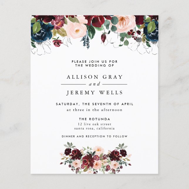 Lámina Volante de invitación a la boda floral de invierno (Anverso)