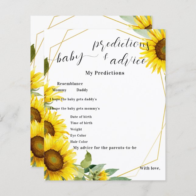 Lámina Volante de juego de Baby Shower con girasol acuáti (Anverso / Reverso)