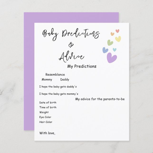 Lámina Volante de juego para baby shower de corazones lin (Anverso / Reverso)