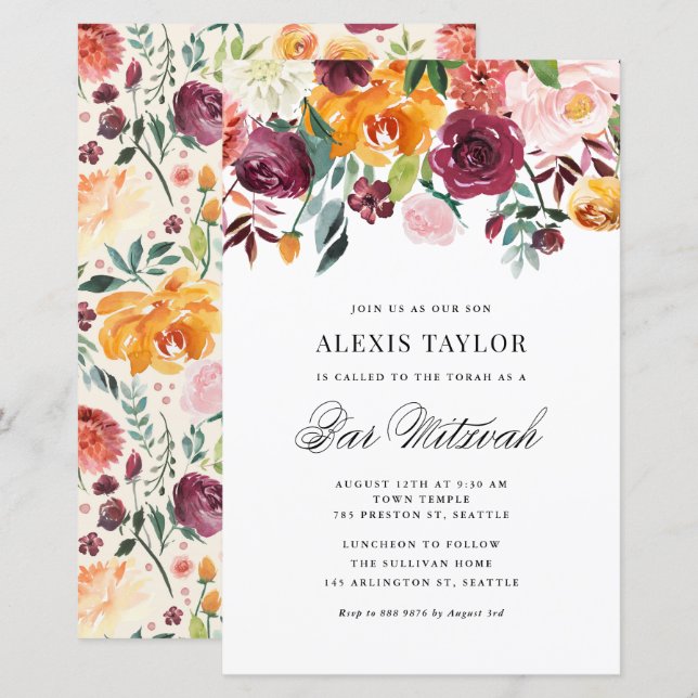 Lámina Watercolor Autums Blooms Bar Invitación Mitzvah (Anverso / Reverso)