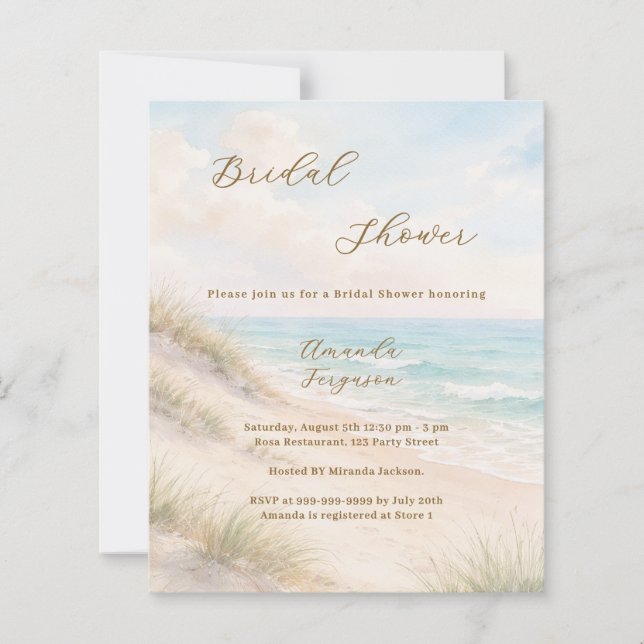 Lámina Watercolor beach coastal Bridal Shower invitation (Anverso)