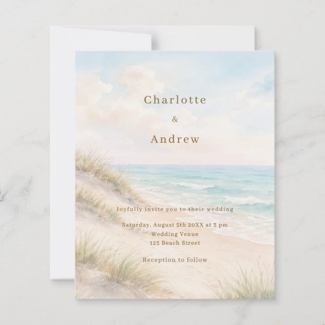 Lámina Watercolor beach coatal modern wedding invitation (Anverso)