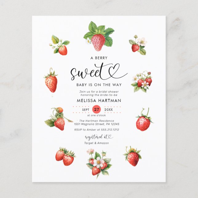 Lámina Watercolor Berry Sweet Strawberry Baby Shower (Anverso)