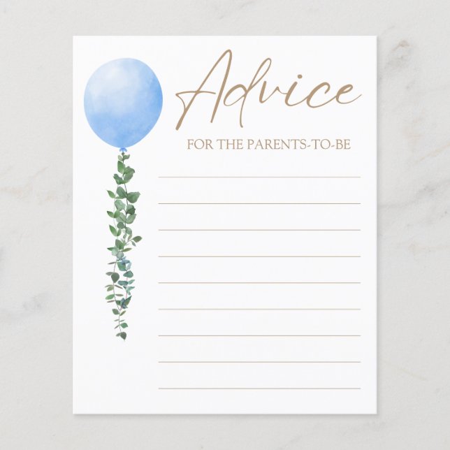 Lámina Watercolor Blue Balloon Boy Baby Shower (Anverso)