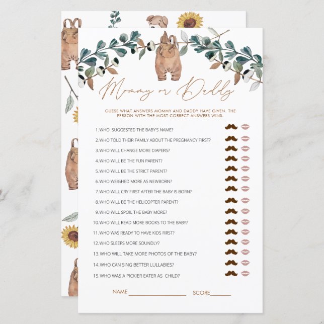 Lámina Watercolor Boho Mommy o Daddy Baby Shower Game (Anverso / Reverso)