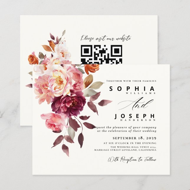 Lámina watercolor Burgundy Bouquet Floral Wedding (Anverso / Reverso)