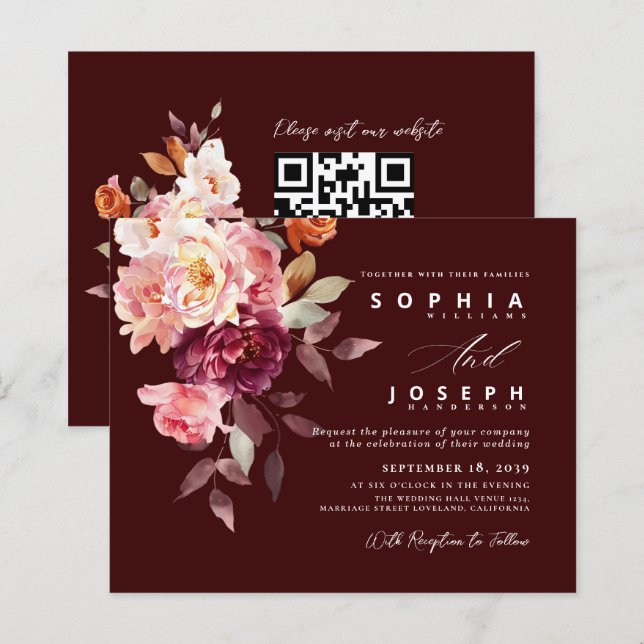 Lámina watercolor Burgundy Bouquet Floral Wedding (Anverso / Reverso)