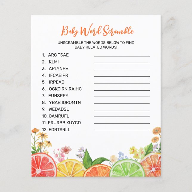 Lámina Watercolor Citrus Baby Shower Word Scramble Game (Anverso)
