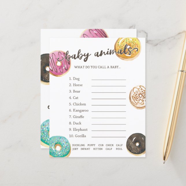 Lámina Watercolor Donut Baby Shower Baby Animals Game (Anverso/Reverso In Situ)