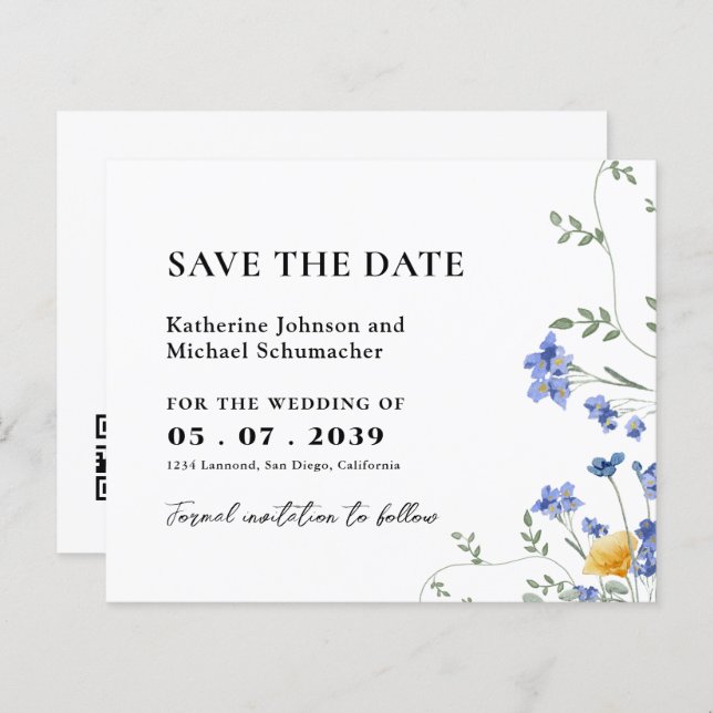 Lámina Watercolor Flor silvestre QRcode Wedding Save The  (Anverso / Reverso)