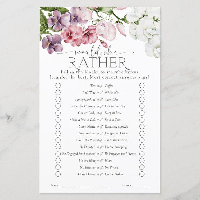 Lámina Watercolor Floral Bridal Shower Game (Anverso)