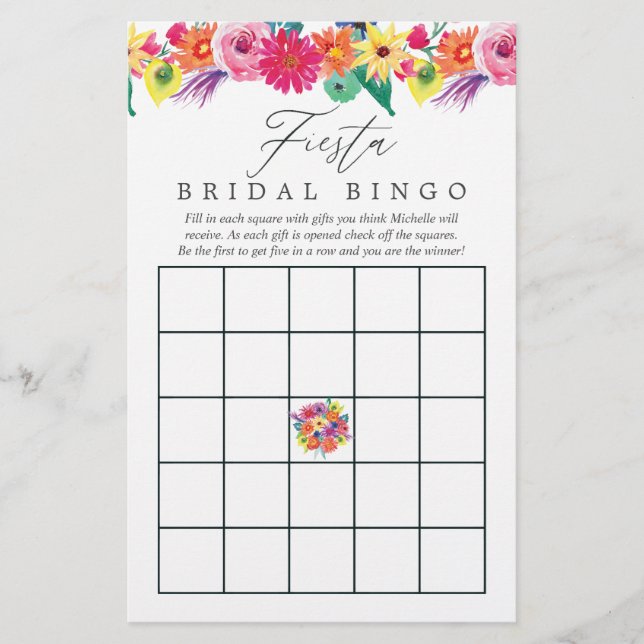 Lámina Watercolor Floral Fiesta Bridal Shower Bingo (Anverso)