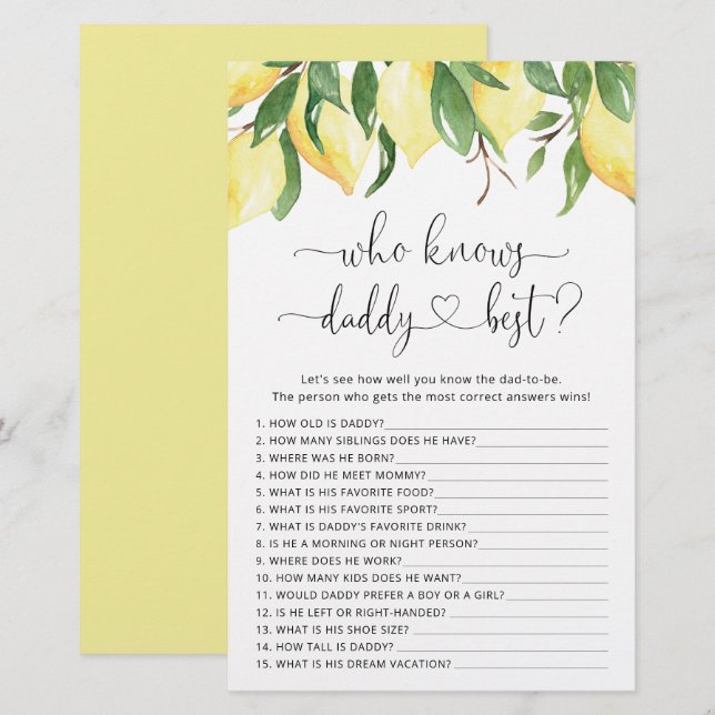 Lámina Watercolor Lemon Baby Shower Game (Anverso / Reverso)