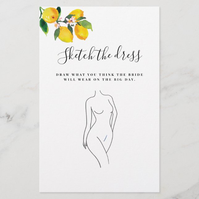 Lámina Watercolor Lemon Boda Vestido Bridal Shower Game (Anverso)