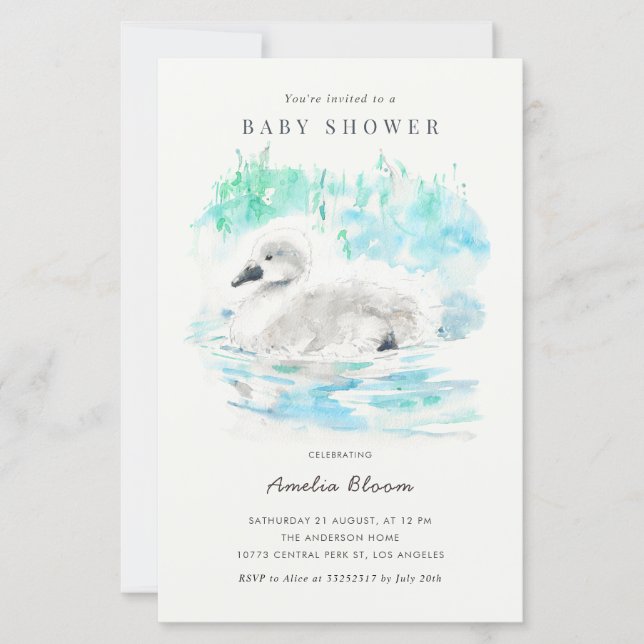 Lámina Watercolor Little Swan Baby Shower Invitation (Anverso)