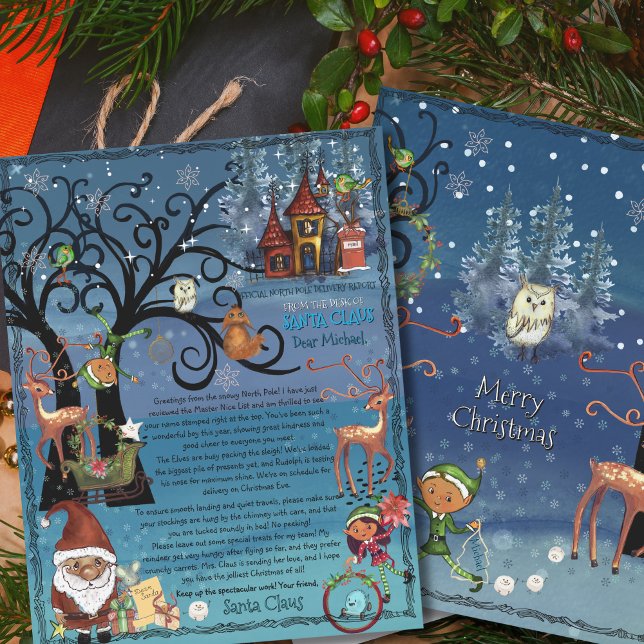 Lámina Watercolor Magical  Letter from Santa | Reindeer  (Custom Blue Fairy Tale Santa Letter  Reindeer )