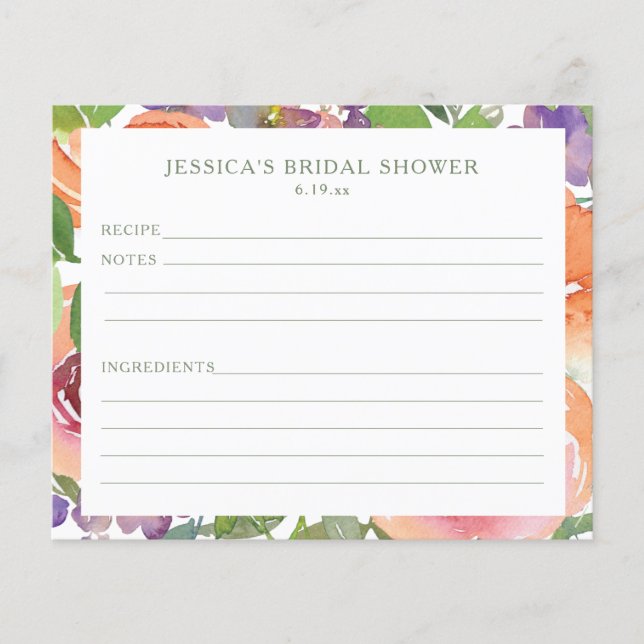 Lámina Watercolor Orange Floral Bridal Shower Recipe Card (Anverso)