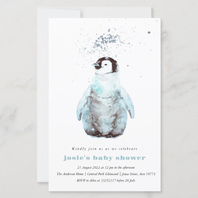 Lámina Watercolor Penguin Winter Baby Shower Invitation (Anverso)