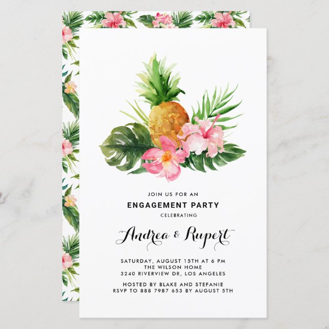 Lámina Watercolor Pineapple Tropical Engagement Party (Anverso / Reverso)
