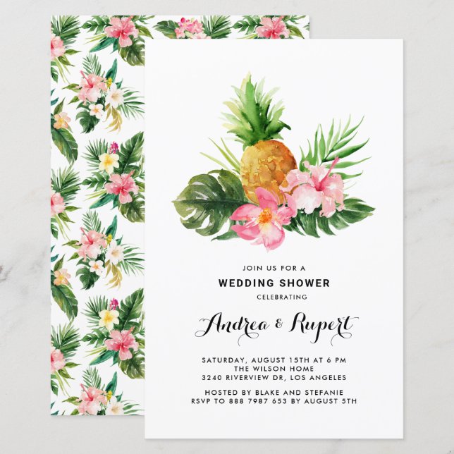 Lámina Watercolor Pineapple Tropical Wedding Ducha (Anverso / Reverso)