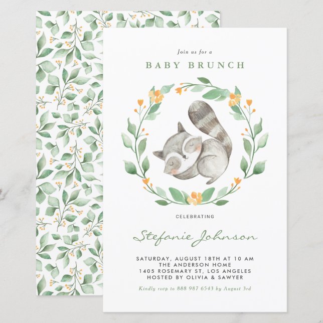 Lámina Watercolor Raccoon Greenery Baby Brunch Invitación (Anverso / Reverso)