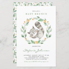 Lámina Watercolor Raccoon Greenery Baby Brunch Invitación
