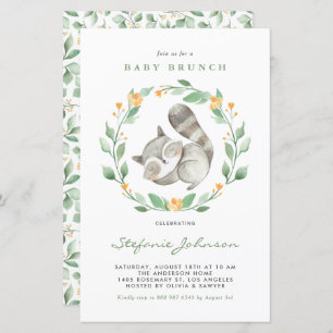 Lámina Watercolor Raccoon Greenery Baby Brunch Invitación