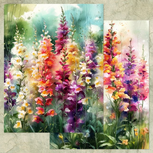 LÁMINA WATERCOLOR SNAPDRAGONS GARDEN SCRAPBOOK PAPER (WATERCOLOR FOXGLOVE GARDEN SCRAPBOOK PAPER)