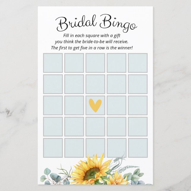 Lámina Watercolor Sunflower Bridal Shower Bingo (Anverso)