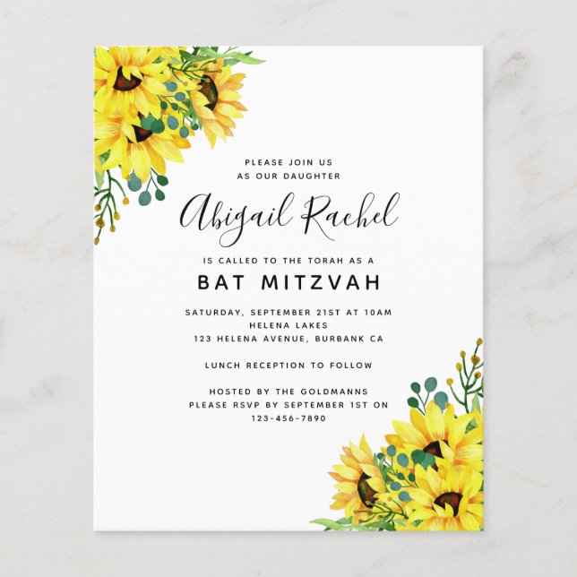Lámina Watercolor Sunflower Budget Bat Mitzvah Invitación (Anverso)