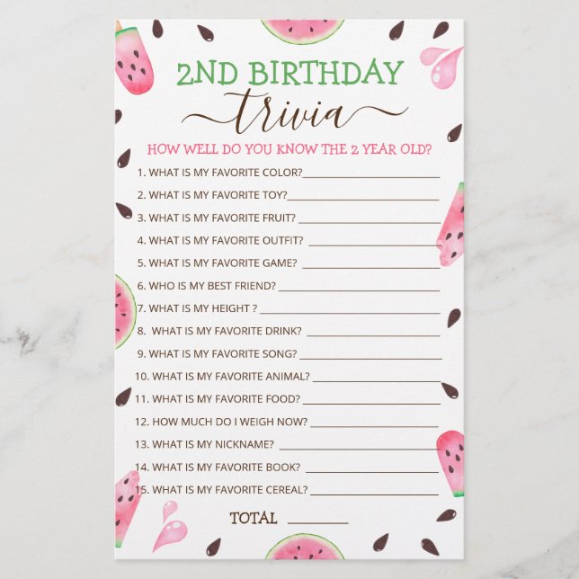 Lámina Watermelon One In A Melon 2th Birthday Trivia Game (Anverso)