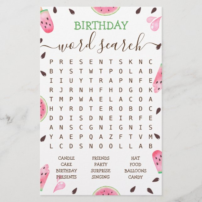 Lámina Watermelon One In A Melon Birthday Word search (Anverso)