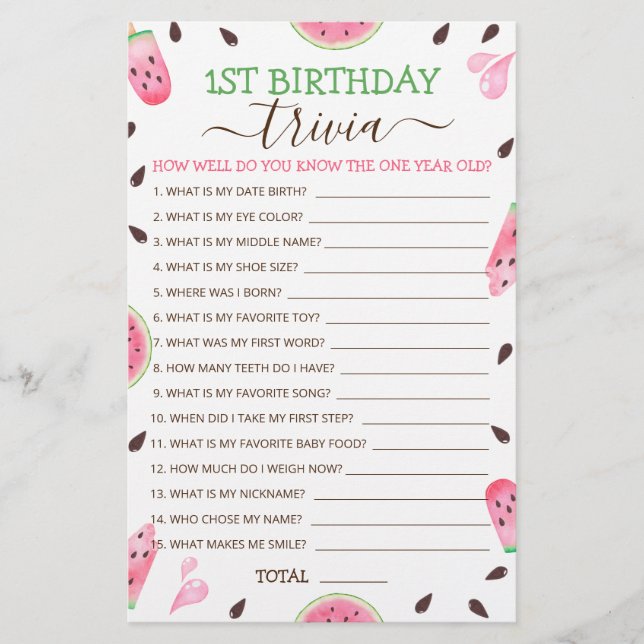 Lámina Watermelon One In A Melon First Birthday Trivia Ga (Anverso)