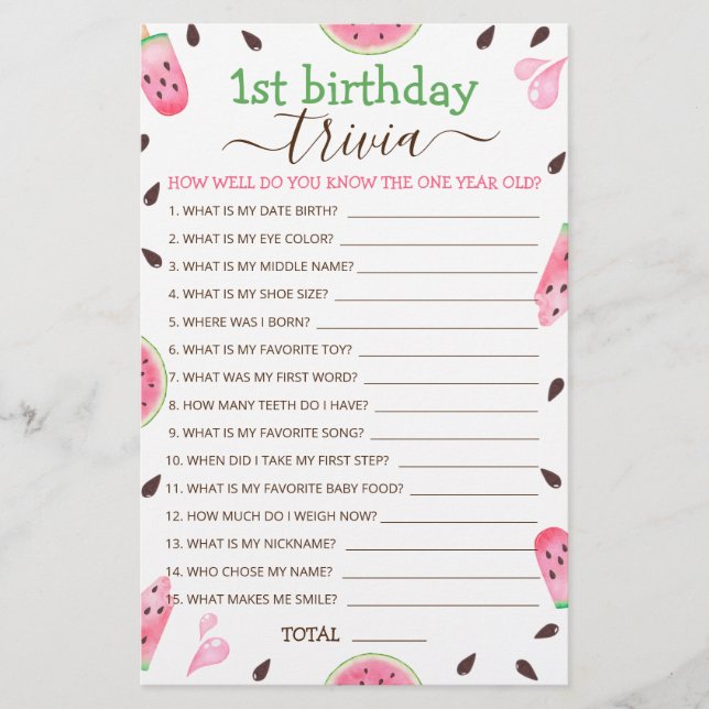 Lámina Watermelon One In A Melon First Birthday Trivia Ga (Anverso)