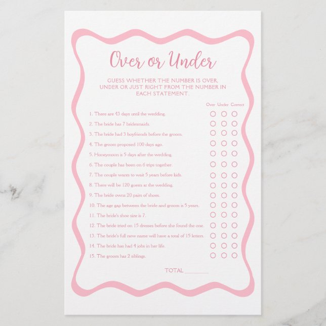 Lámina Wavly Pink Over Under Bridal Shower Game (Anverso)