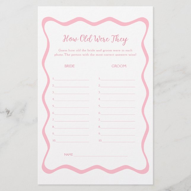 Lámina Wavy Pink Bridal Shower adivina juego de la edad (Anverso)