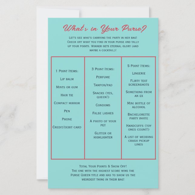 Lámina What's in Your Purse? Bachelorette Party Game (Anverso)
