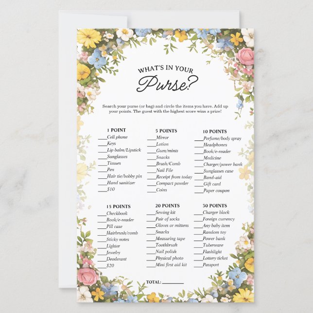 Lámina What's in your Purse Bridal Floral Party Game (Anverso)