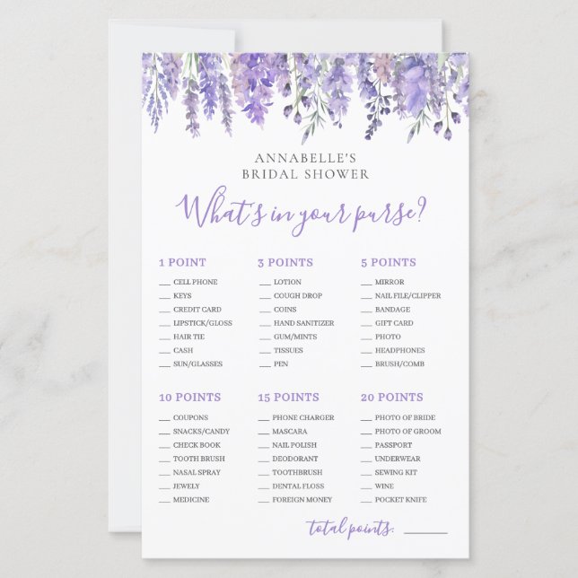 Lámina What's In Your Purse Bridal Shower Game (Anverso)