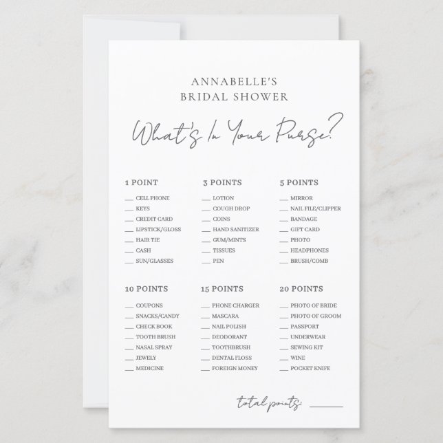 Lámina What's In Your Purse Bridal Shower Game (Anverso)