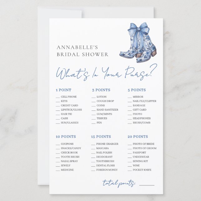 Lámina What's In Your Purse Bridal Shower Game (Anverso)