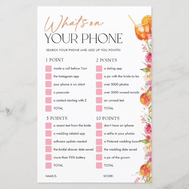 Lámina Whats On Your Phone Bridal Shower Game Spritz (Anverso)