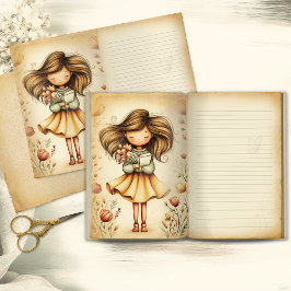 Lámina Whimsical Girl with Book & Flowers Journal Page