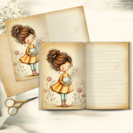 Lámina Whimsical Girl with Book Junk Journal Page