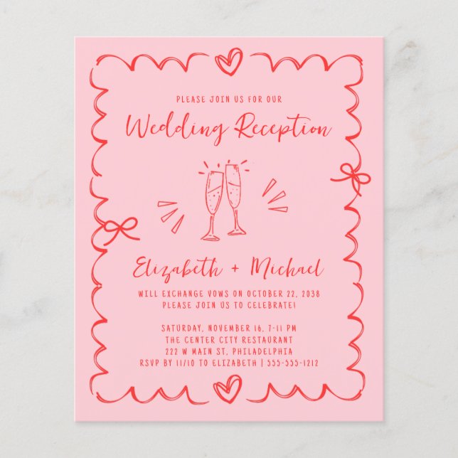 Lámina Whimsical Red Pink Wedding Reception Invitation (Anverso)