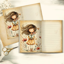 Lámina Whimsical Watercolor Girl Junk Journal Page