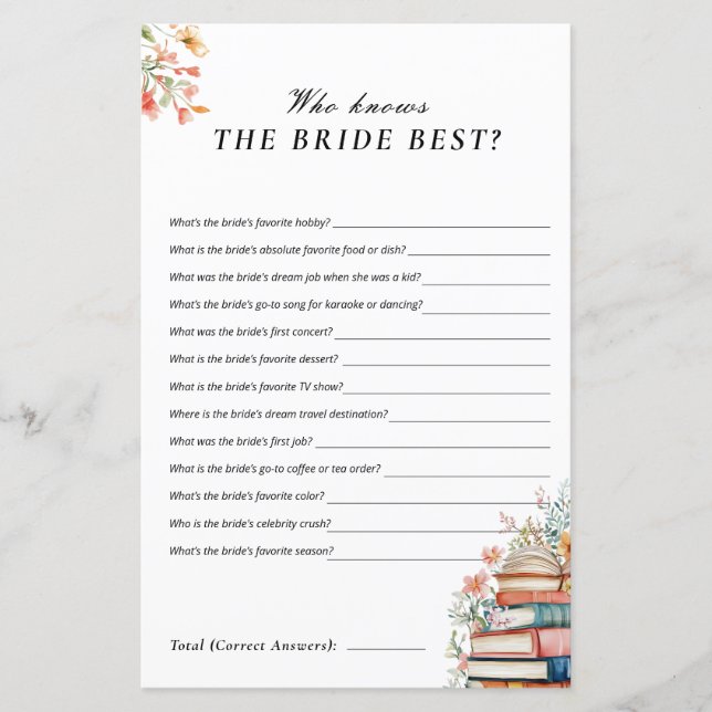 Lámina Who Knows Bride New Chapter Bridal Shower Game (Anverso)