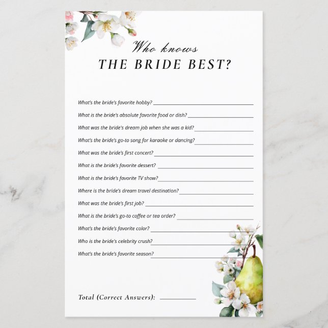 Lámina Who Knows Bride Perfect Pear Bridal Shower Game (Anverso)