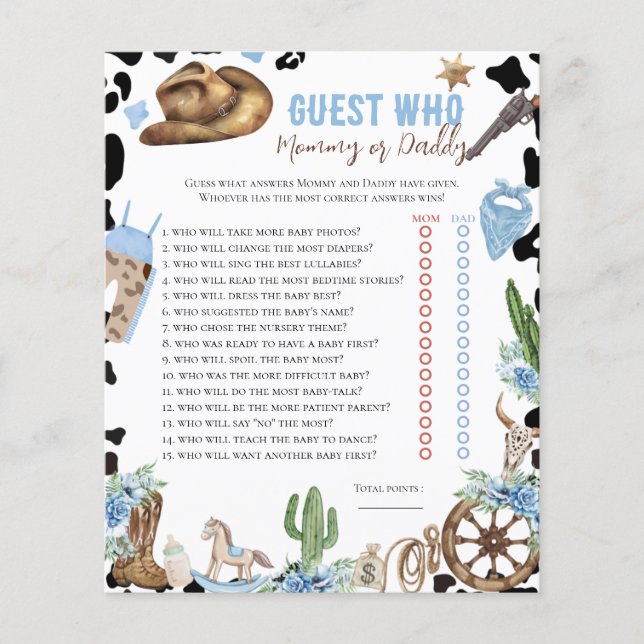 Lámina Who Knows Little Cowboy Western Baby Shower Game (Anverso)