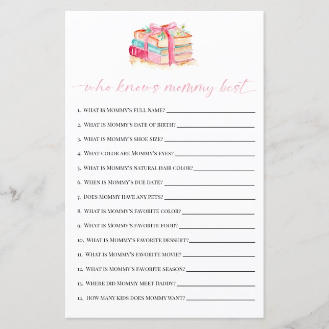 Lámina Who Knows Mommy Best Baby Shower Game New Chapter (Anverso)